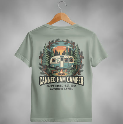 T-shirt with vintage camper, "Canned Ham Camper" text, and pine trees.