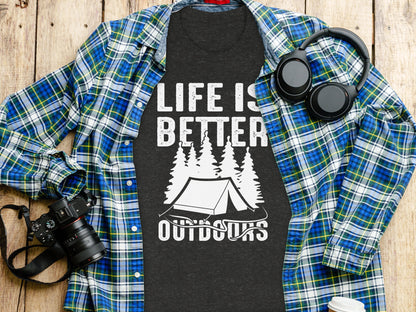 Life Is Better Outdoors Camping Tent Graphic Novelty T-Shirt T-Shirt - Outdoor & Adventure Collection - Mile Marker 16 Gear by Cloud 16 Clothing Co.