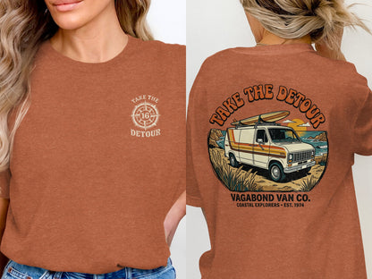 T-shirt with "Take the Detour" and a compass graphic on the front, and a van on the back.