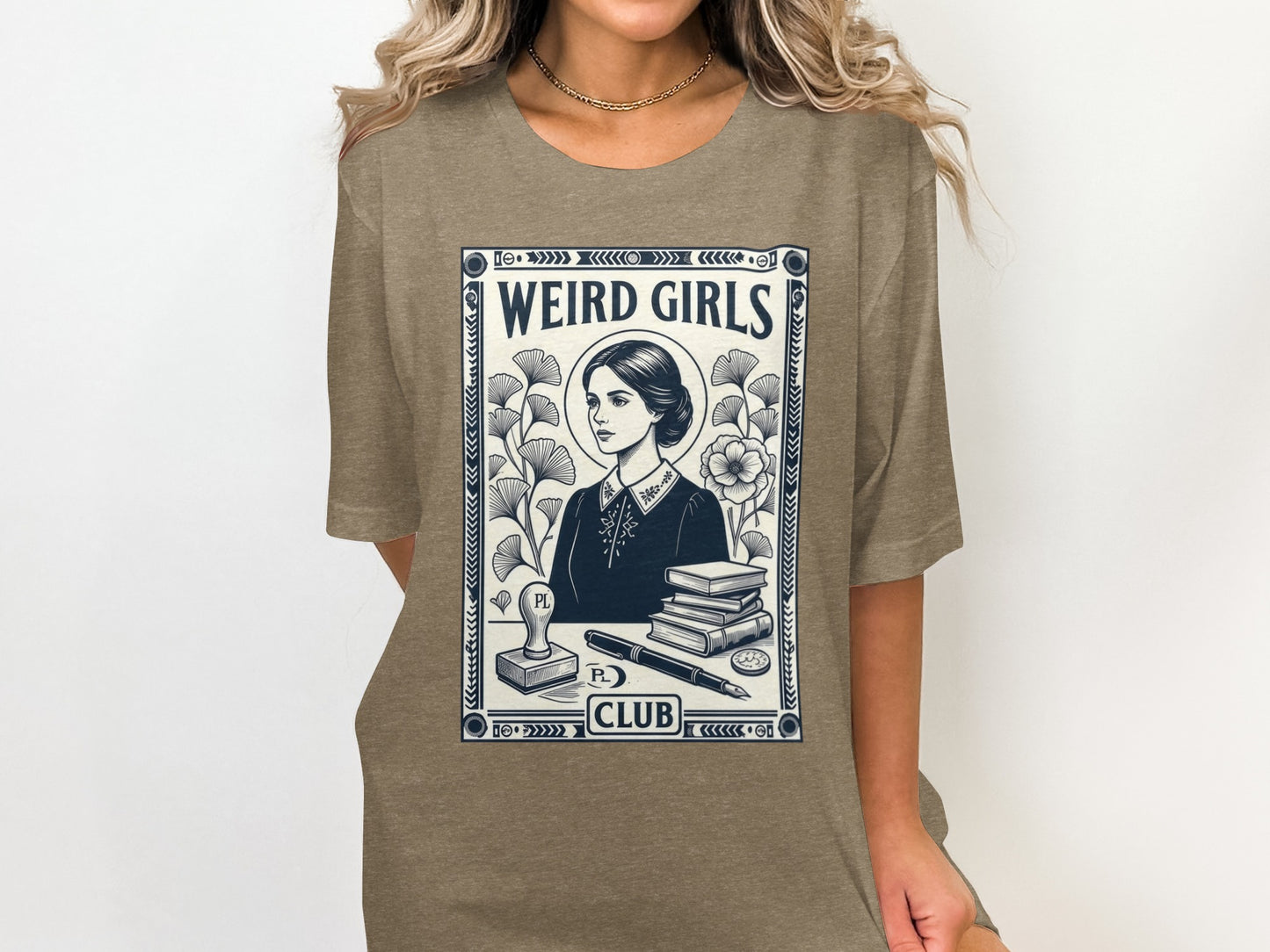 "WEIRD GIRLS CLUB" text on a framed illustration of a woman with books and a stamp.