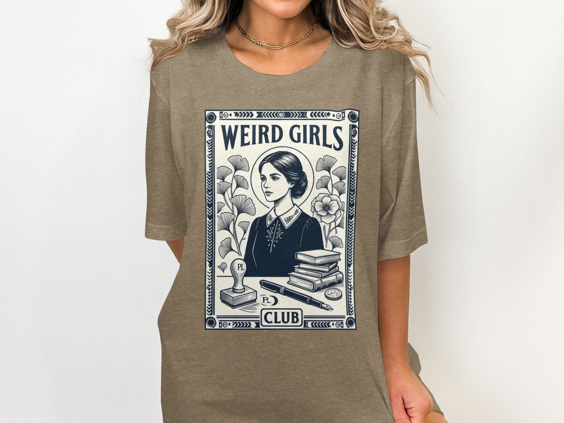 "WEIRD GIRLS CLUB" text on a framed illustration of a woman with books and a stamp.