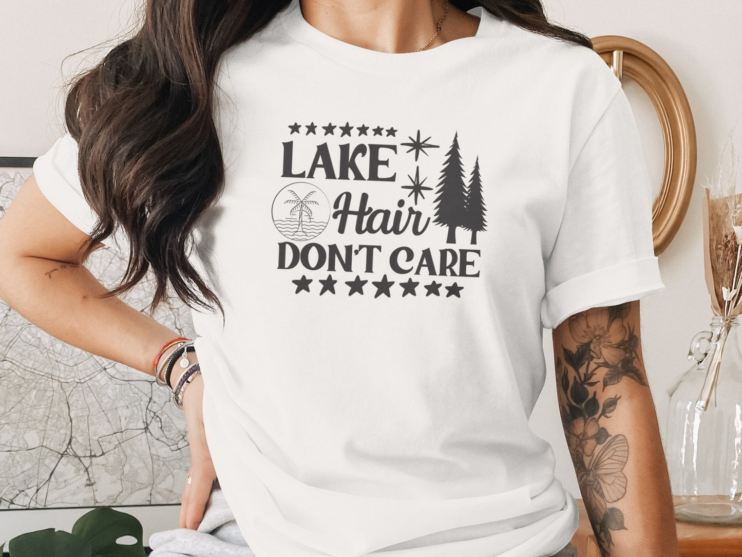 Lake with Hair Don't Care Graphic Image Printed T-Shirt T-Shirt - Outdoor & Adventure Collection - Mile Marker 16 Gear by Cloud 16 Clothing Co.