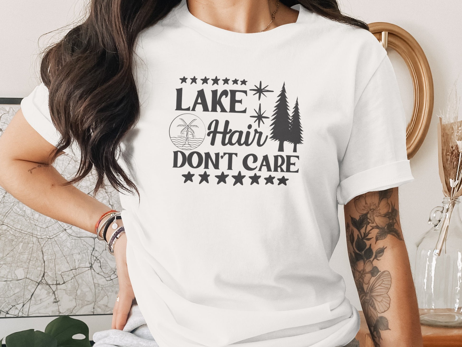 Lake with Hair Don't Care Graphic Image Printed T-Shirt T-Shirt - Outdoor & Adventure Collection - Mile Marker 16 Gear by Cloud 16 Clothing Co.