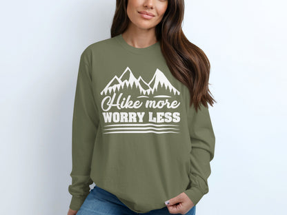 Hike More Worry Less Mountain Design Long Sleeve Shirt