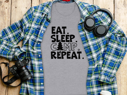 Eat Sleep Camp Repeat With Pine Tree Graphic T-Shirt T-Shirt - Outdoor & Adventure Collection - Mile Marker 16 Gear by Cloud 16 Clothing Co.