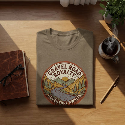 Gravel Road Royalty Vintage Adventure Tee: Backcountry Outpost Shirt: T-shirt with Gravel Road Royalty Adventure Awaits graphic.