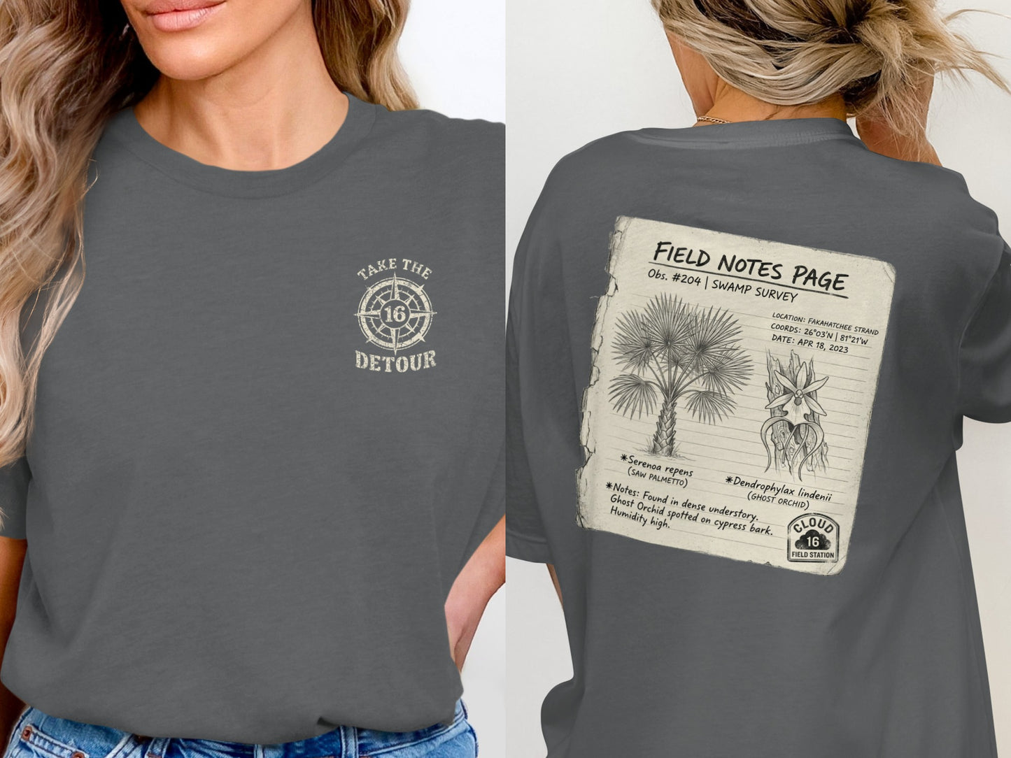T-shirt with "Take the Detour" logo and "Field Notes Page" graphic detailing a swamp survey.