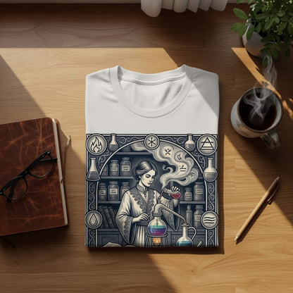 T-shirt with a vintage alchemist illustration and potion bottles.