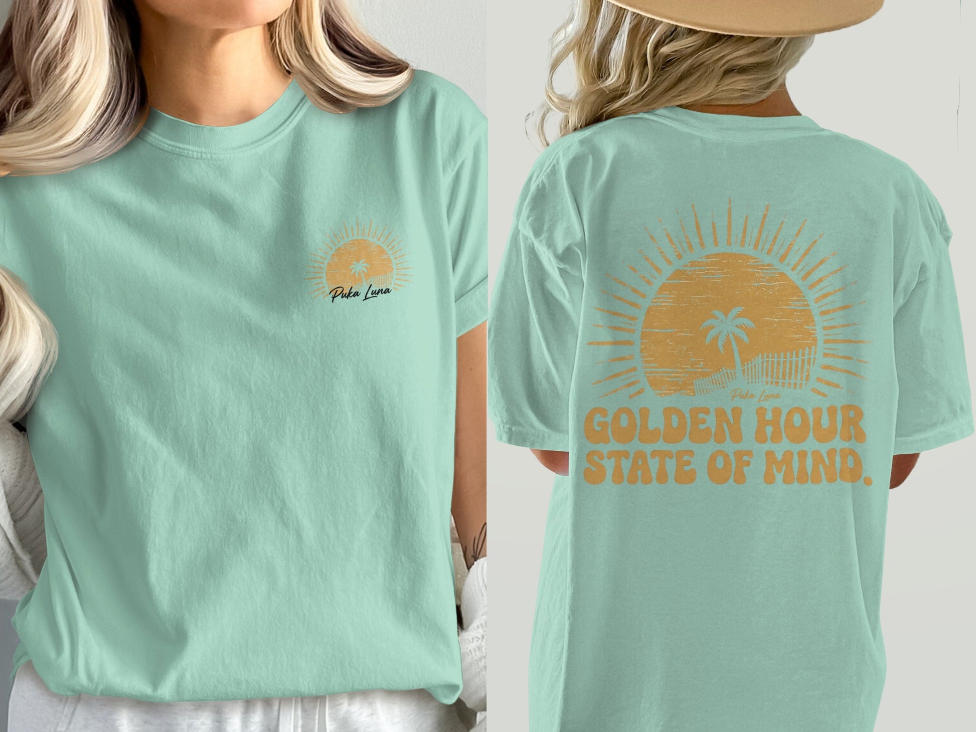 Mint t-shirt with sunset and palm tree graphic, "Puka Luna" and "Golden Hour State of Mind."
