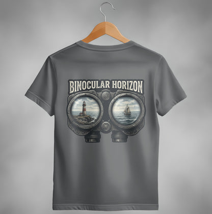 T-shirt with binoculars graphic showing lighthouse and sailboat on ocean.