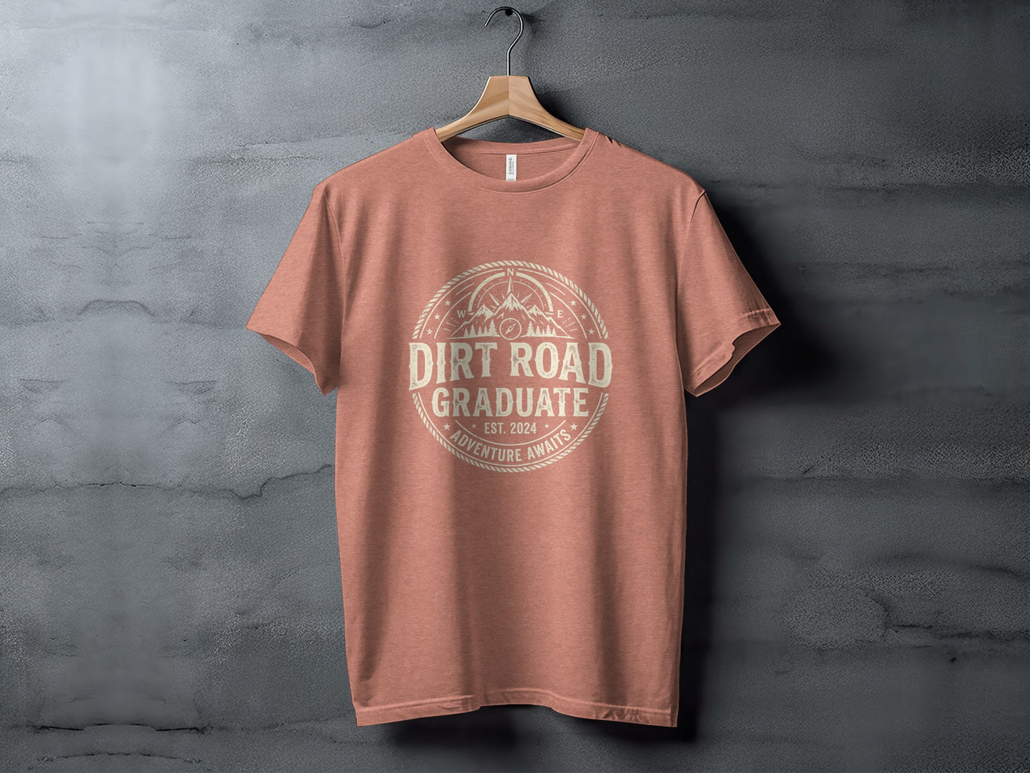 Dirt Road Graduate '24 Adventure | Vintage Outdoor Apparel: Terracotta t-shirt with "Dirt Road Graduate Est. 2024 Adventure Awaits" graphic.