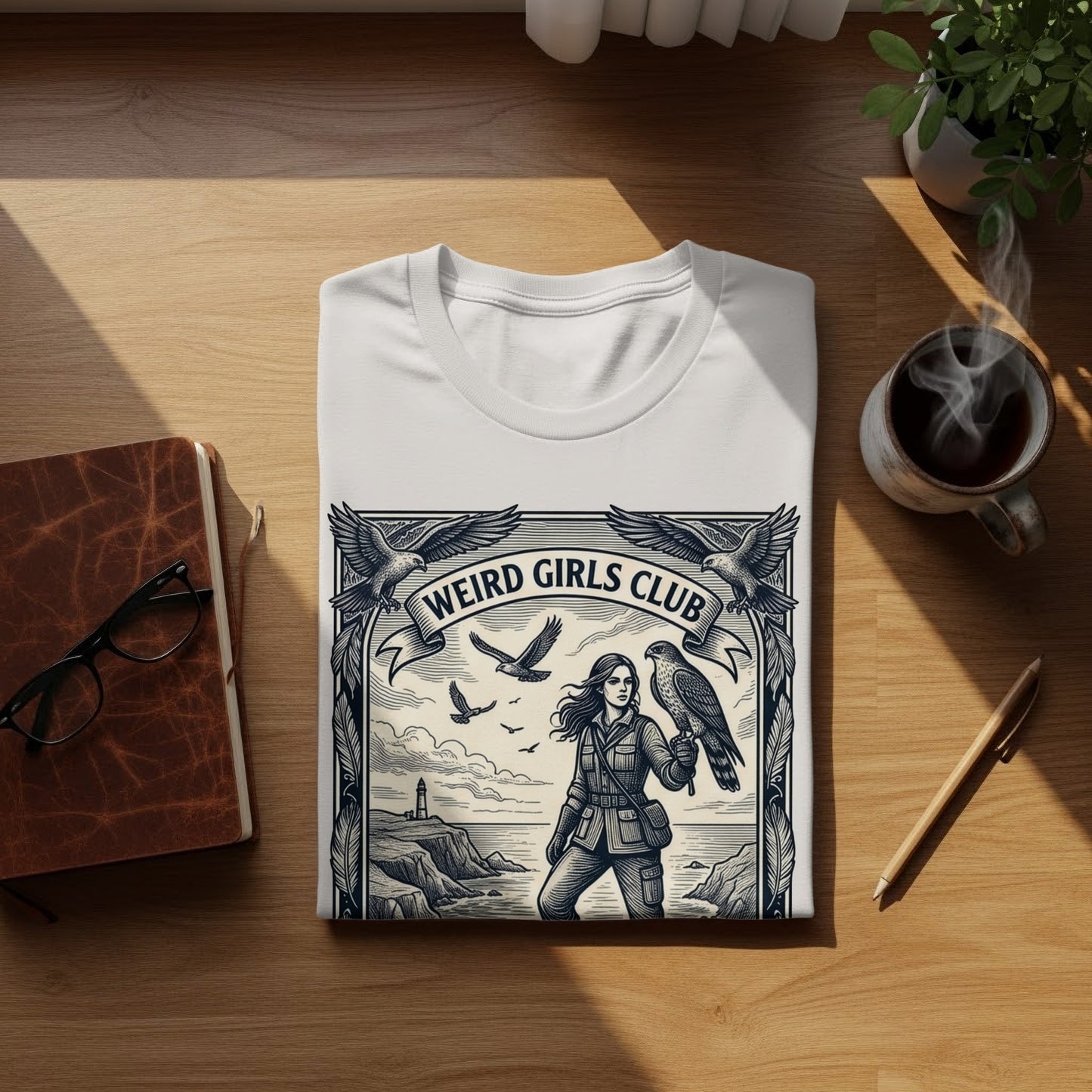 White t-shirt with "Weird Girls Club" text and a woman with a falcon.