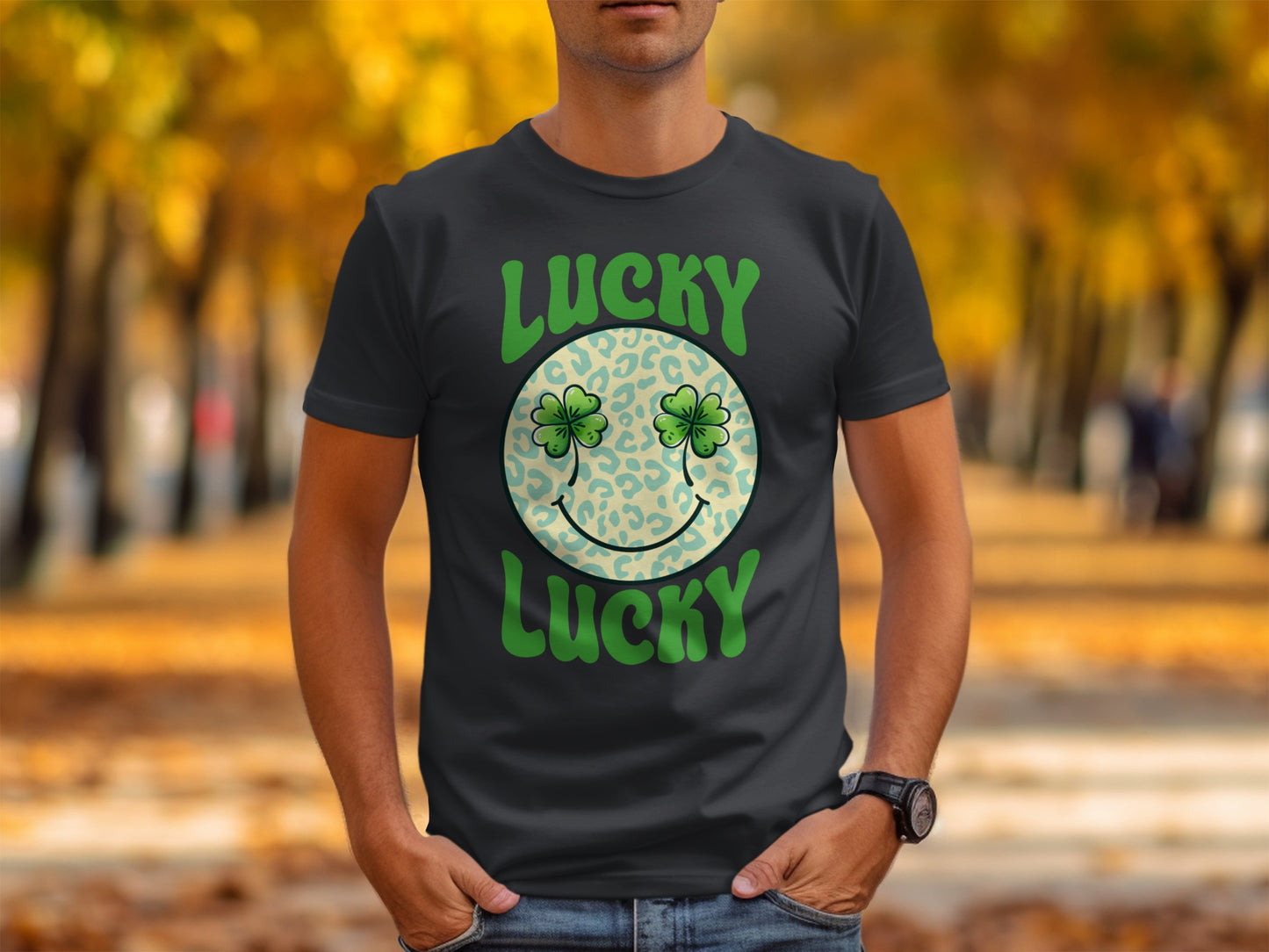Lucky Lucky Smiley Face Shamrock Graphic T-Shirt