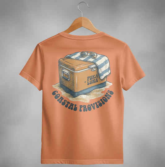 Orange t-shirt with cooler and towel graphic, "Puka Luna" and "Coastal Provisions" text.