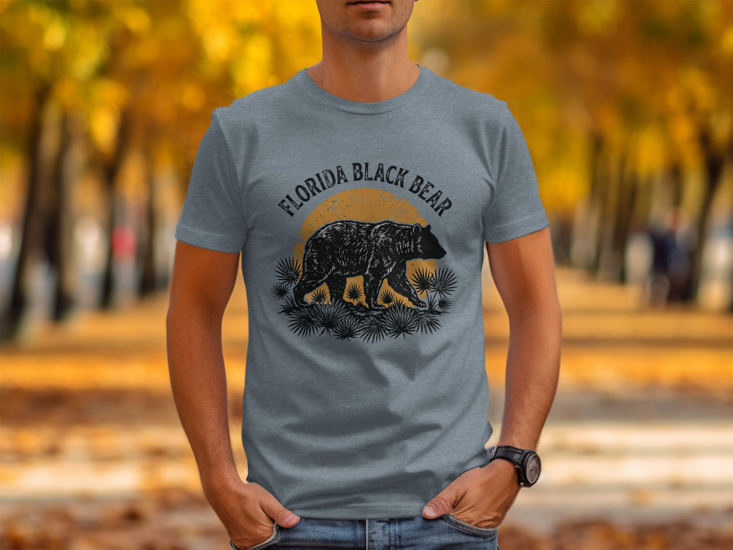 Heritage Florida Bear Trails Classic Nomad Tee: Gray t-shirt with Florida Black Bear graphic, sunset, and palm fronds.