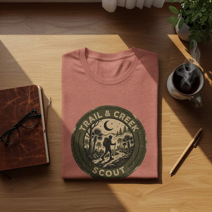 Heritage Trail & Creek Scout Adventure Nomad Tee: T-shirt with "Trail & Creek Scout" circular logo featuring a hiker and trees.