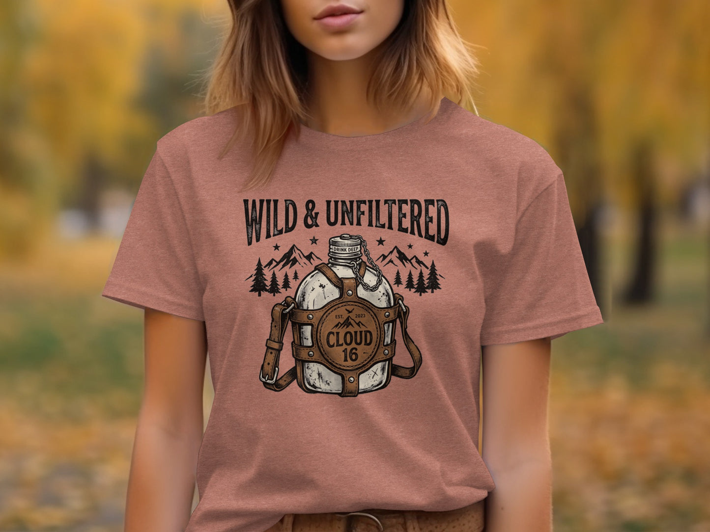 Rugged Wild & Unfiltered Spirit Wilderness Shirt: Brown t-shirt with "Wild & Unfiltered" and vintage canteen graphic.