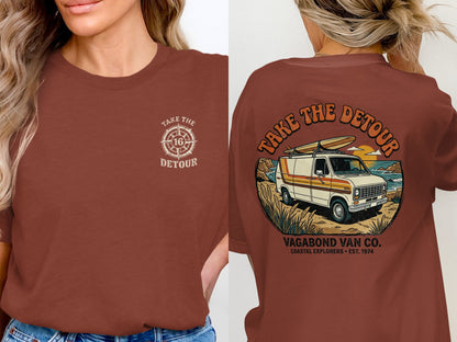 T-shirt with "Take the Detour" logo on front, van design on back.
