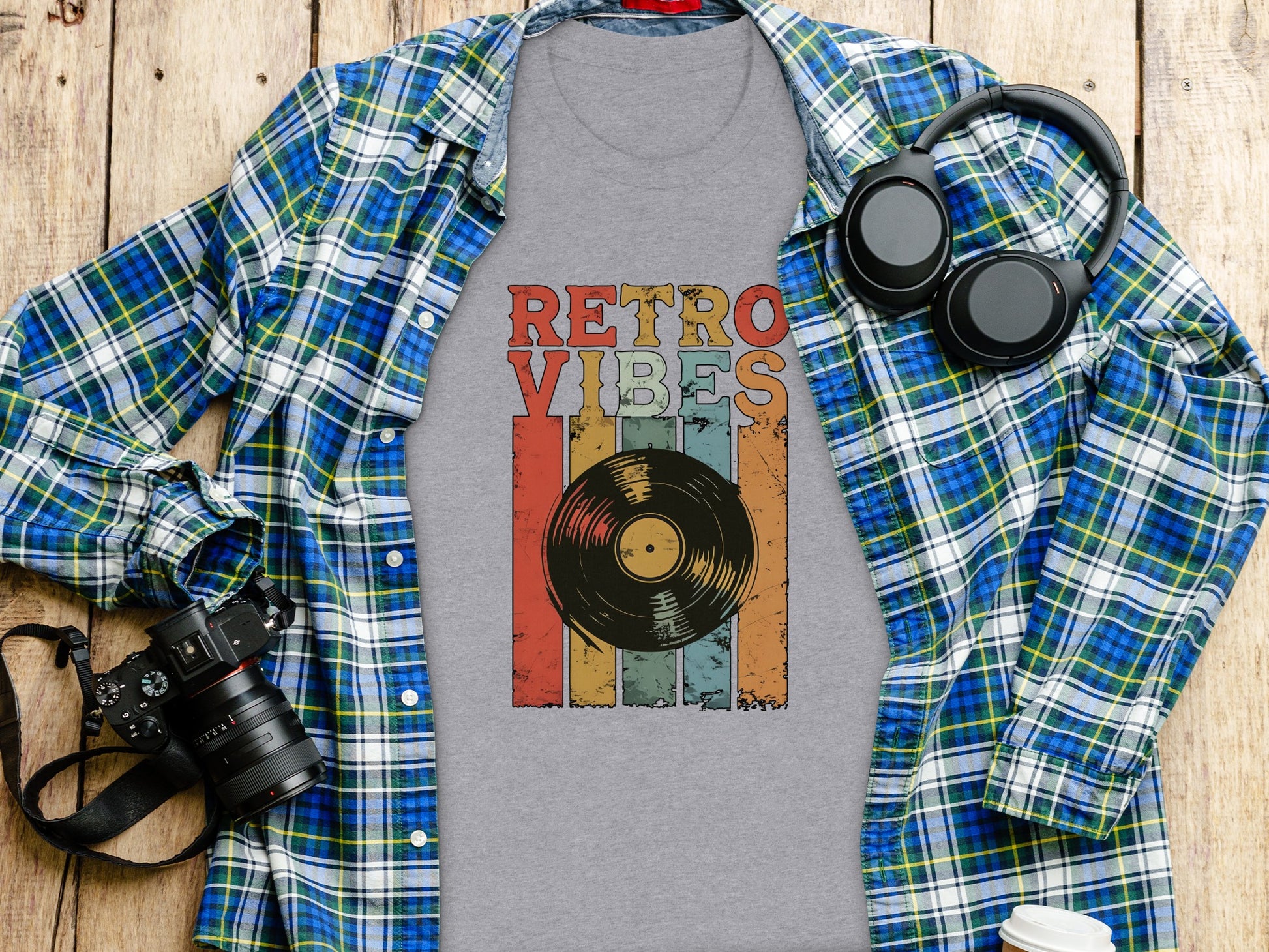 Retro Vibes Colorful Vinyl Record Graphic T-Shirt