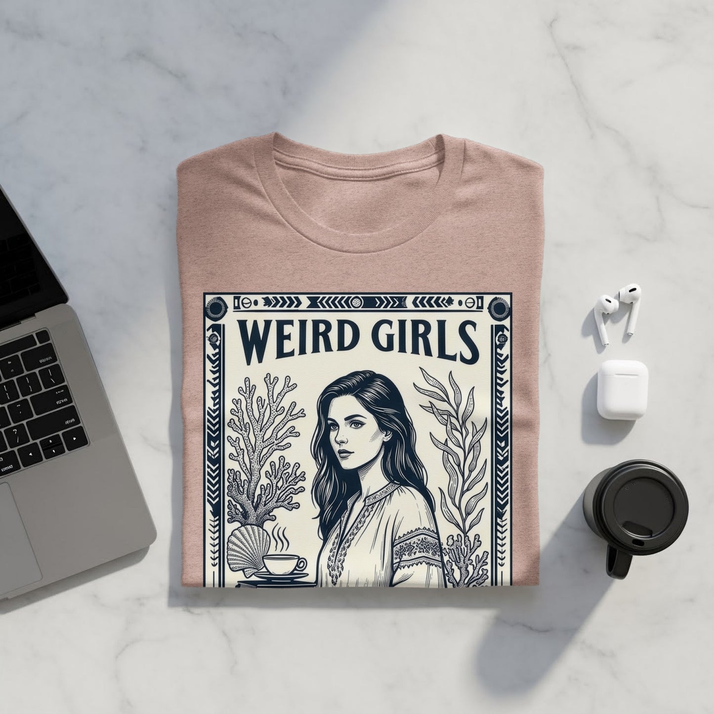 T-shirt with "WEIRD GIRLS" text and illustrated woman with floral border.