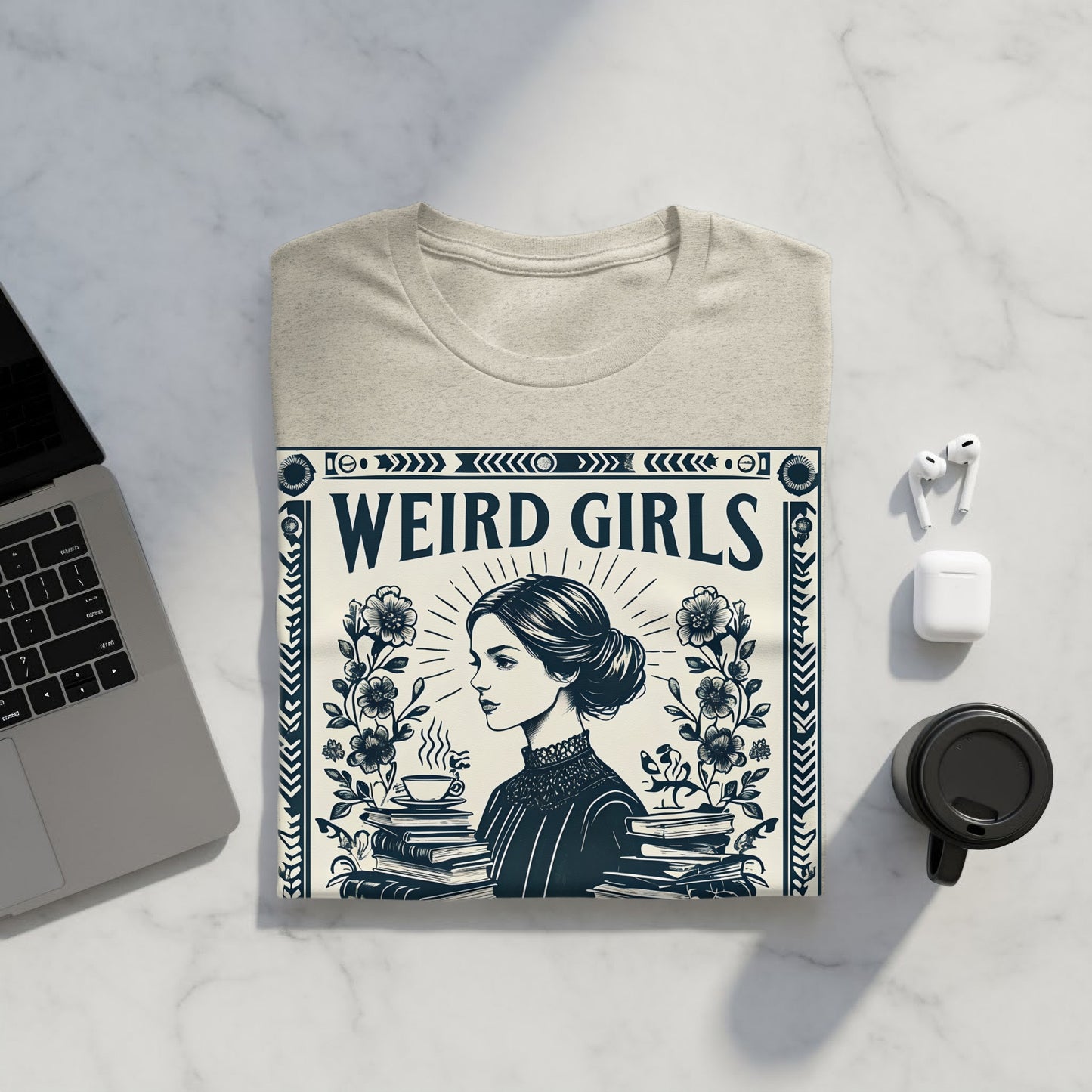T-shirt with "Weird Girls" text and woman drinking coffee amongst books.