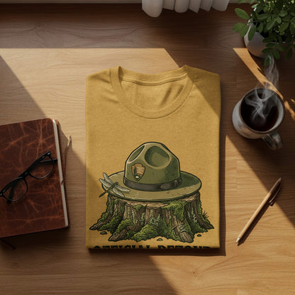 Official Detour Specialist Heritage | Vintage Outdoor Apparel: Yellow t-shirt featuring a ranger hat on a tree stump with a dragonfly.