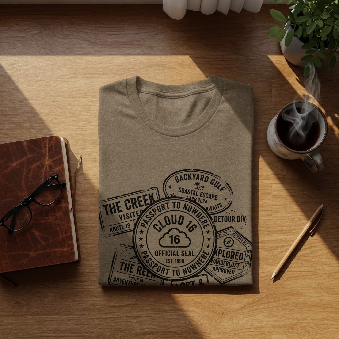 Rugged Wanderlust Passport Stamp Graphic Wilderness Shirt: T-shirt with passport stamps and travel slogans in black and white.