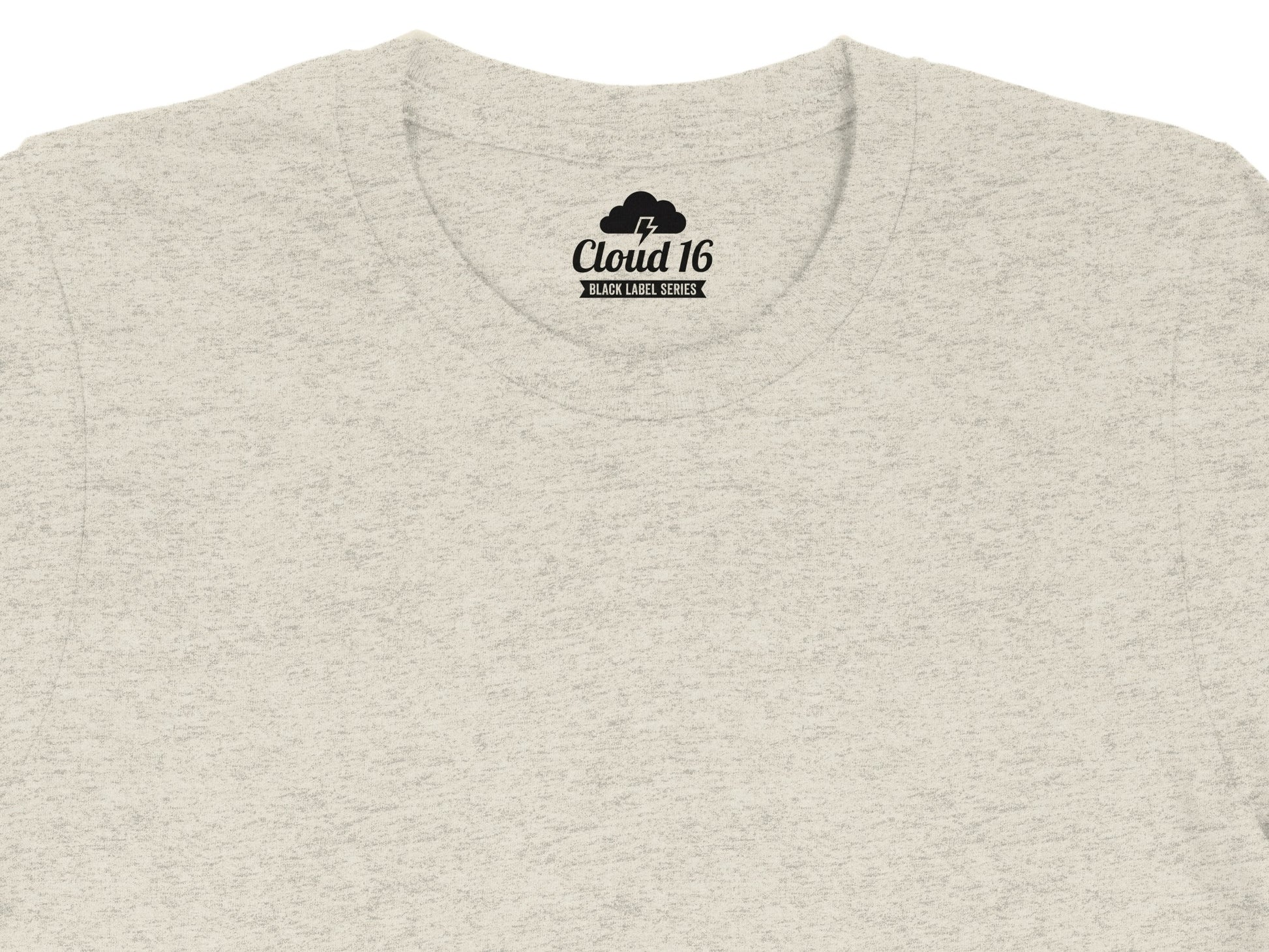 Light gray t-shirt neckline with "Cloud 16 BLACK LABEL SERIES" logo.