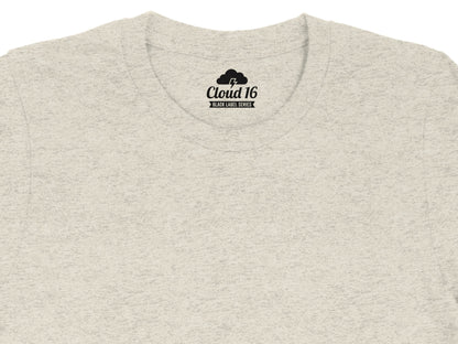 Light gray t-shirt neckline with "Cloud 16 BLACK LABEL SERIES" logo.