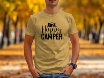 Happy Camper with Trees and Tent Adventure Nature T-Shirt T-Shirt - Outdoor & Adventure Collection - Mile Marker 16 Gear by Cloud 16 Clothing Co.