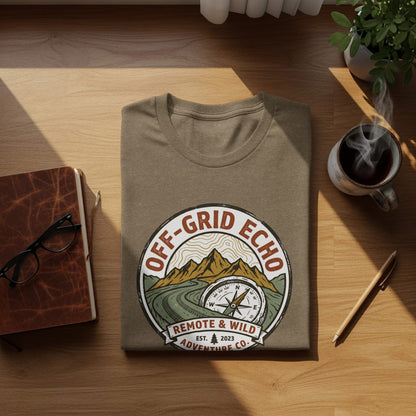 Off-Grid Echo Explorer: The Explorer's Adventure Tee: Olive green t-shirt with OFF-GRID ECHO logo and compass.