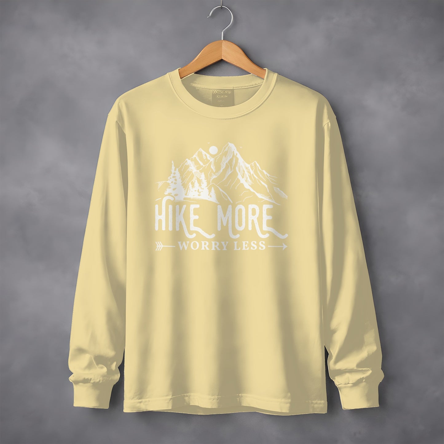 Hike More Worry Less Mountain Design Funny Outdoor Long Sleeve T-Shirt Long Sleeve Tee - Outdoor & Adventure Collection - Mile Marker 16 Gear by Cloud 16 Clothing Co.