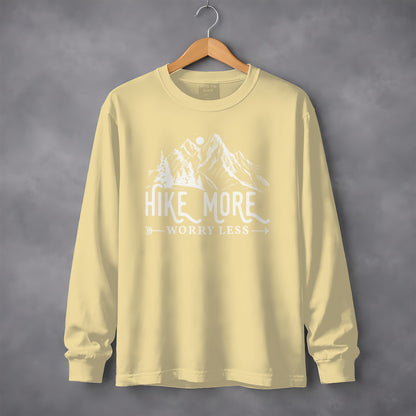 Hike More Worry Less Mountain Design Funny Outdoor Long Sleeve T-Shirt Long Sleeve Tee - Outdoor & Adventure Collection - Mile Marker 16 Gear by Cloud 16 Clothing Co.