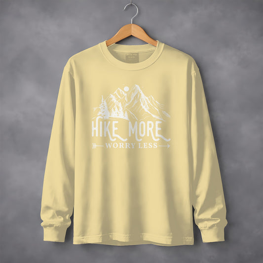 Hike More Worry Less Mountain Design Funny Outdoor Long Sleeve T-Shirt Long Sleeve Tee - Outdoor & Adventure Collection - Mile Marker 16 Gear by Cloud 16 Clothing Co.