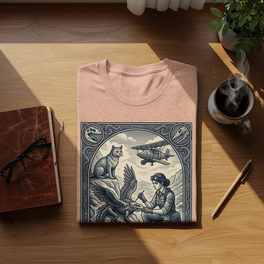 T-shirt with vintage illustration of a woman and eagle, flanked by dinosaurs and an airplane.