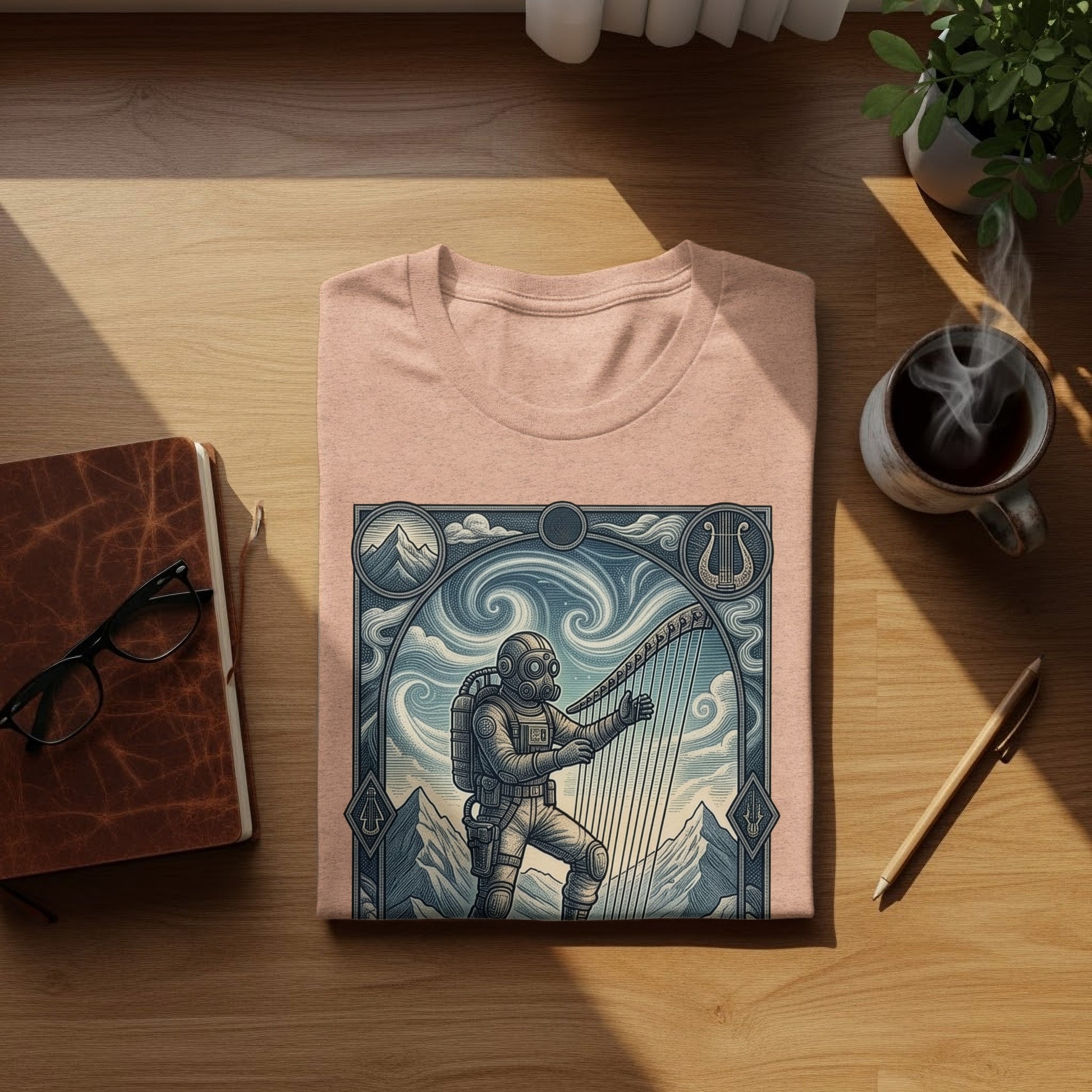 Astronaut playing harp in mountainous landscape, t-shirt design.