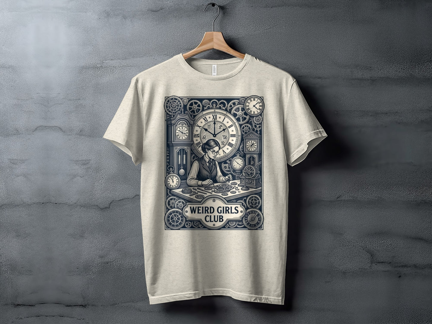 T-shirt with "Weird Girls Club" logo and a vintage clockmaker illustration.