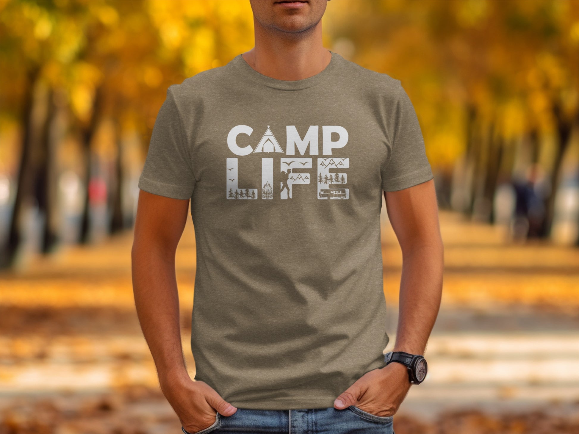 Camp Life Illustration with Tent and Fire Design T-Shirt T-Shirt - Outdoor & Adventure Collection - Mile Marker 16 Gear by Cloud 16 Clothing Co.