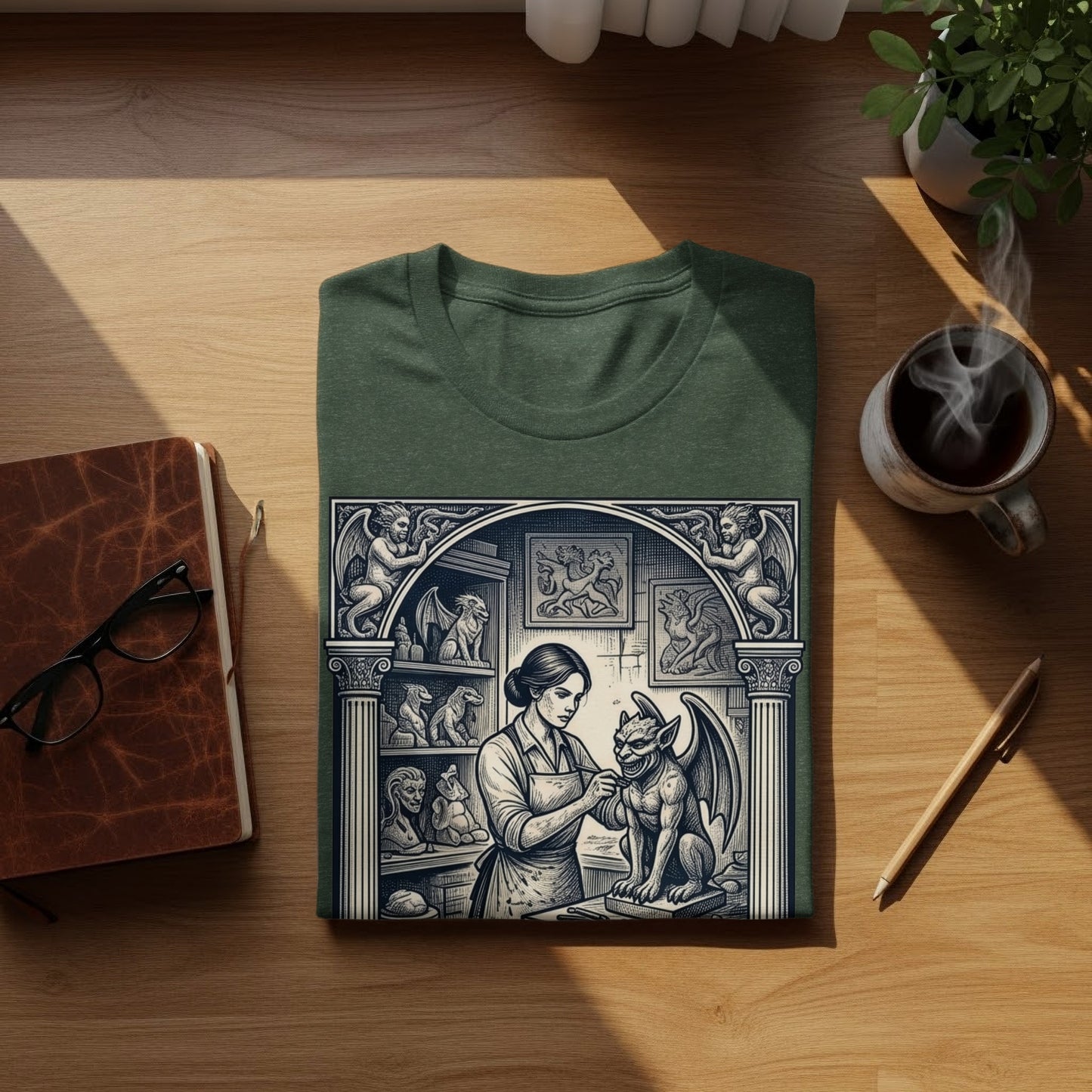 T-shirt featuring a woman sculpting a gargoyle, framed by ornate architectural details.