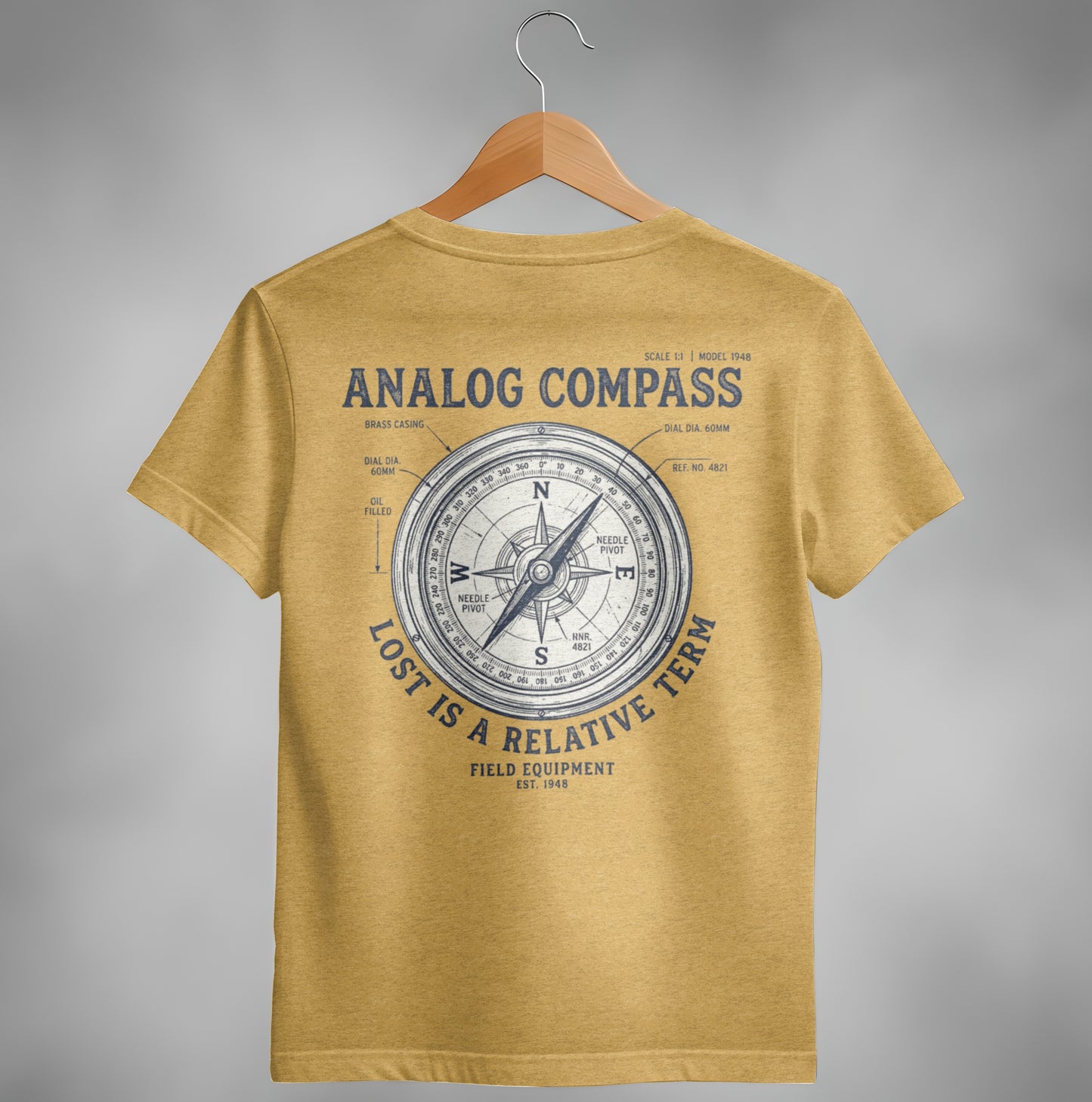 Yellow t-shirt with vintage analog compass design and text.