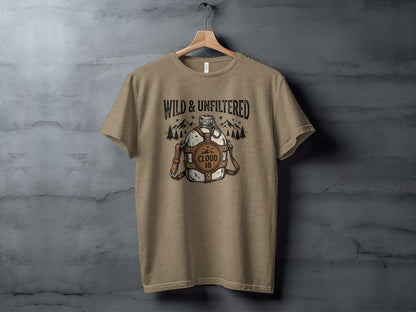 Rugged Wild & Unfiltered Spirit Wilderness Shirt: Brown t-shirt with "Wild & Unfiltered" text and a vintage canteen graphic.