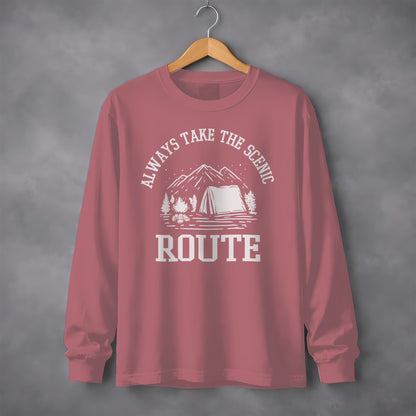 Always Take The Scenic Route Camping Adventure Long Sleeve T-Shirt Long Sleeve Tee - Outdoor & Adventure Collection - Mile Marker 16 Gear by Cloud 16 Clothing Co.