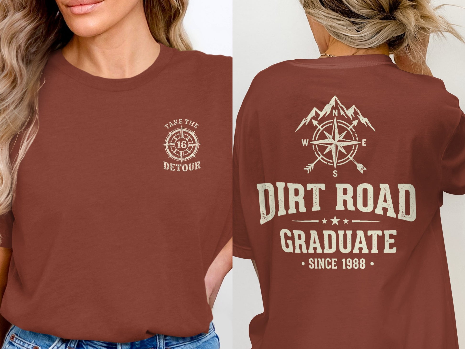 Shirt with "Take the Detour" on front and "Dirt Road Graduate Since 1988" on back.