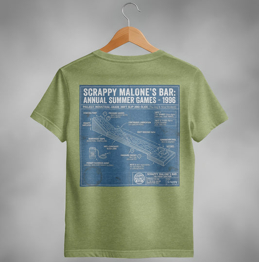 T-shirt depicting a diagram of a 300ft slip-and-slide at Scrappy Malone's Bar.
