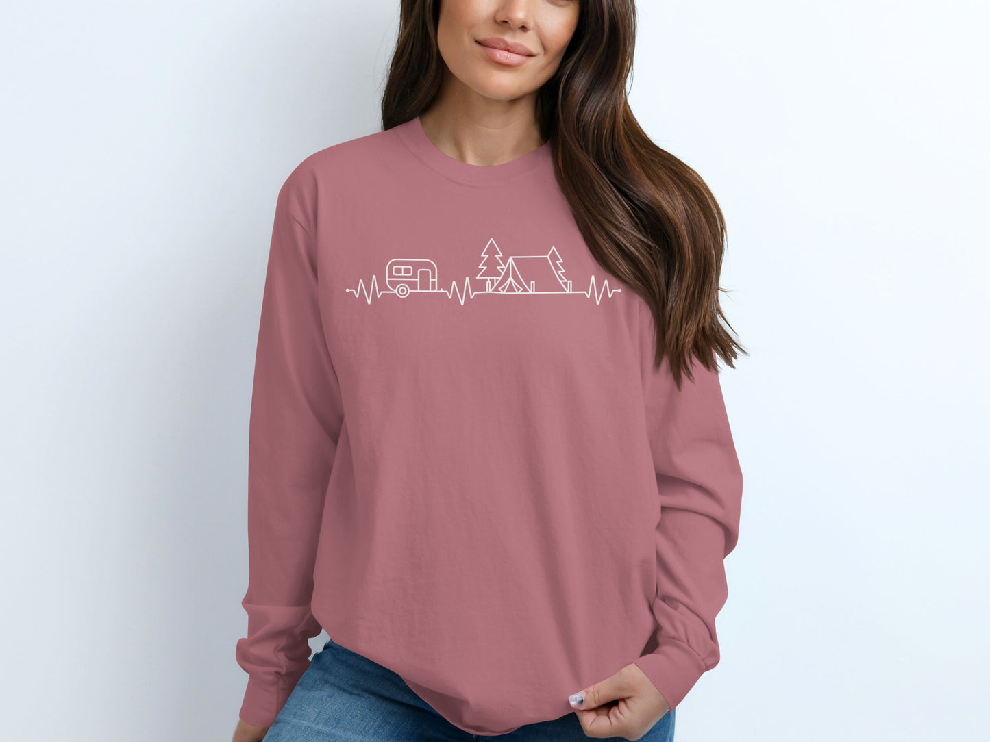 Camping Heartbeat Caravan Tent Adventure Time Long Sleeve T-Shirt Long Sleeve Tee - Outdoor & Adventure Collection - Mile Marker 16 Gear by Cloud 16 Clothing Co.