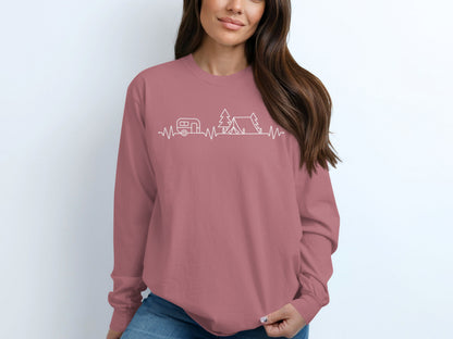 Camping Heartbeat Caravan Tent Adventure Time Long Sleeve T-Shirt Long Sleeve Tee - Outdoor & Adventure Collection - Mile Marker 16 Gear by Cloud 16 Clothing Co.