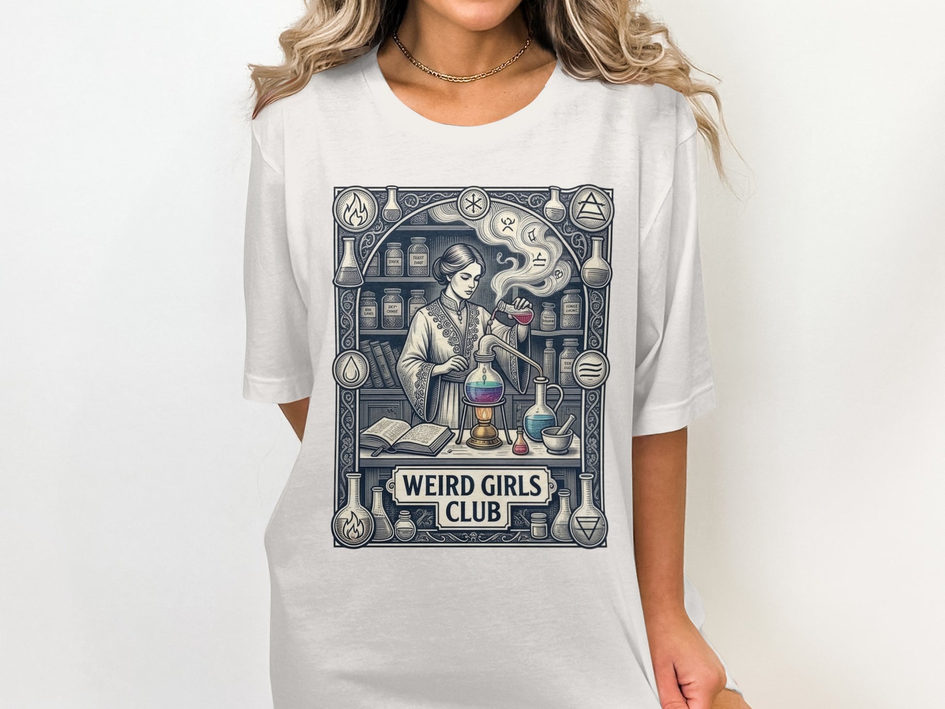 Woman in a lab coat mixing potions in a laboratory, "Weird Girls Club" text.