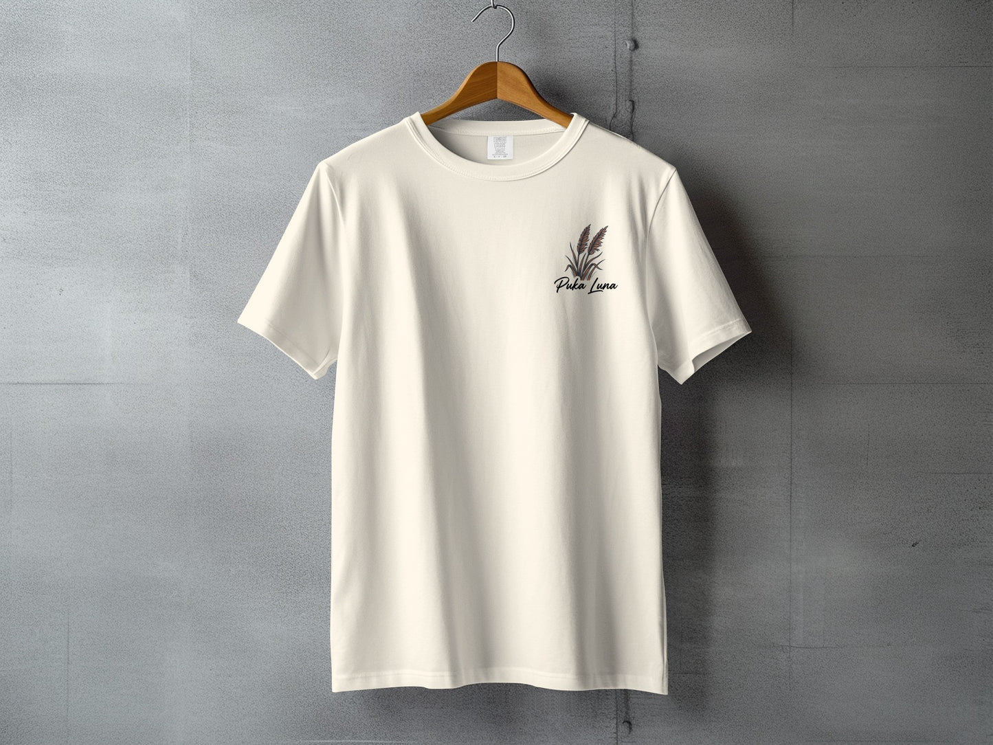 Cream t-shirt with "Pala Luna" text and floral design.