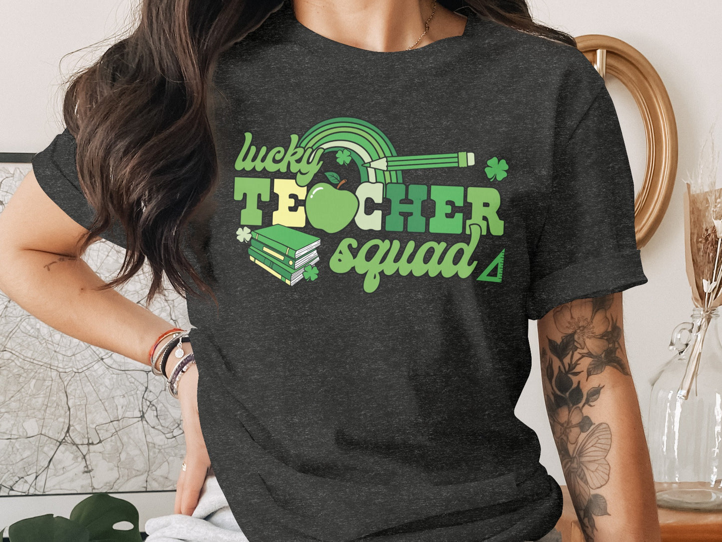 Lucky Teacher Squad Rainbow and Clover Graphic Tee