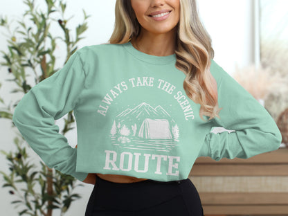 Always Take The Scenic Route Camping Adventure Long Sleeve T-Shirt Long Sleeve Tee - Outdoor & Adventure Collection - Mile Marker 16 Gear by Cloud 16 Clothing Co.
